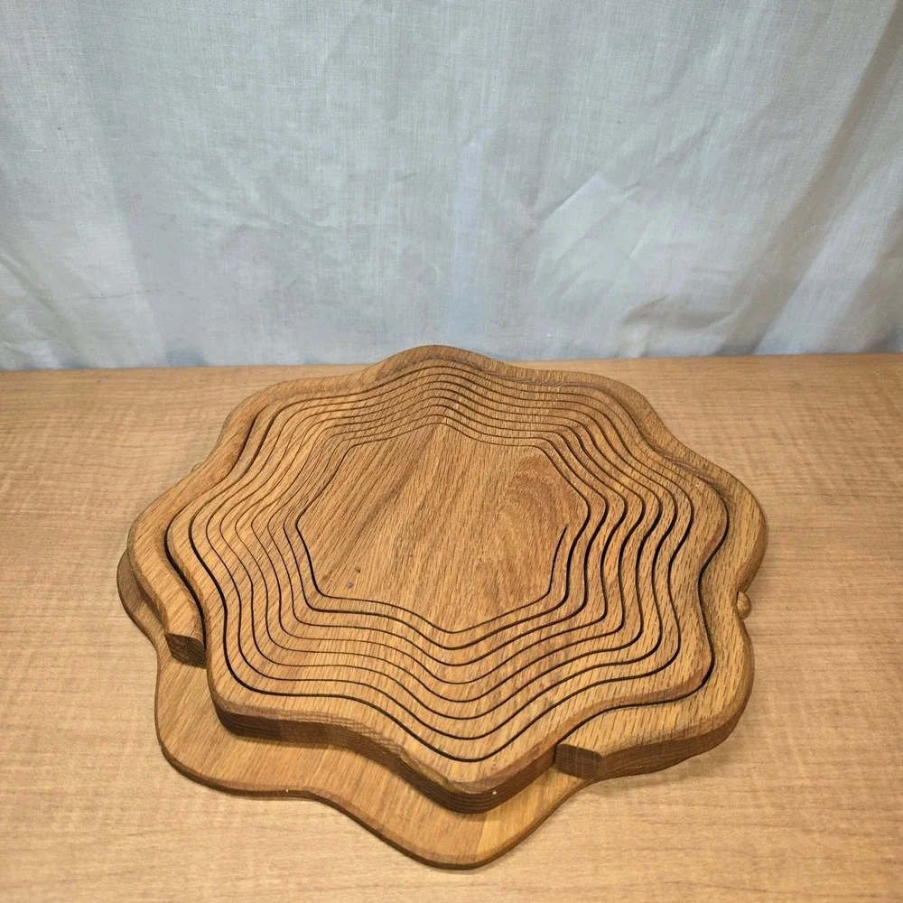 Vintage Collapsible‎ Wooden Centerpiece Basket Trivet Folds Flat Spiral Cut Bowl